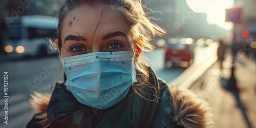 Woman in urban attire walking on a sidewalk with a mask, embracing casual style and COVID safety in everyday life. A serene and fashionable moment captured on the pavement