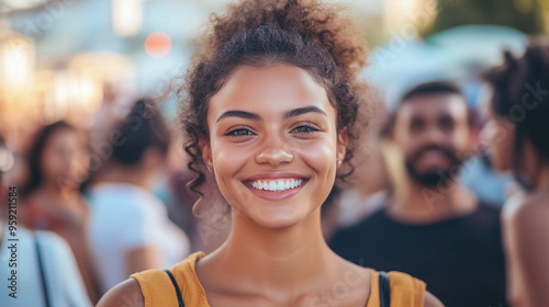 A cheerful young woman smiling at the camera amidst a crowd, capturing the joy of social interaction. This image is perfect for illustrating themes of community, happiness, and connection.