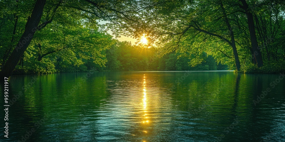 Fototapeta premium Sunset Glowing Through Tree Canopy Reflected in Calm Water