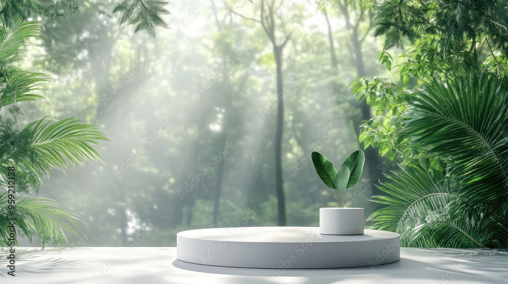 A sleek white podium placed in a 3D abstract minimal environment, featuring a lush green forest. A sleek white podium placed in a 3D abstract minimal environment, featuring a lush green forest.