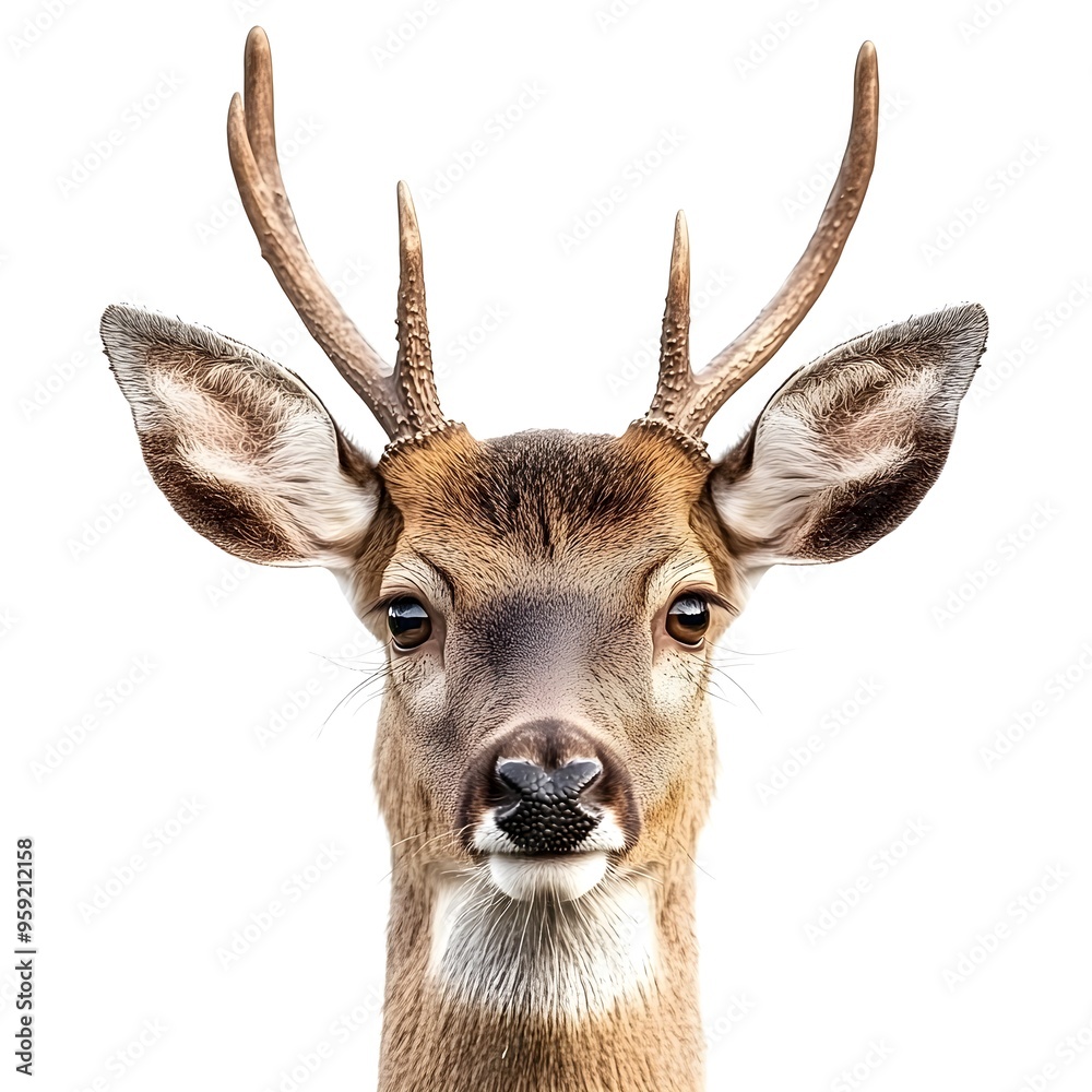 Detailed close-up of deer head and antlers on white backdrop Detailed close-up of deer head and antlers on white backdrop