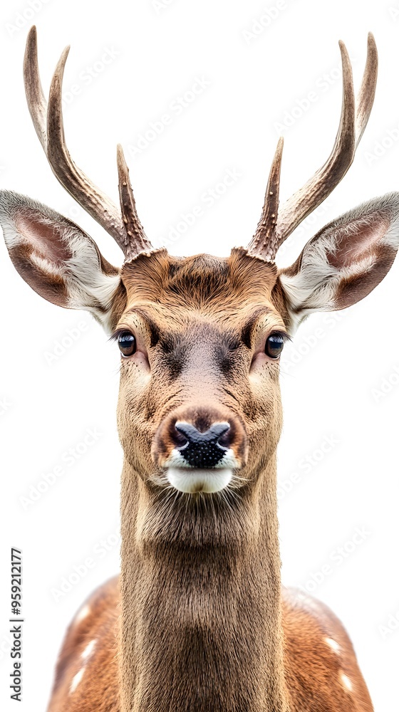 White background showcasing close-up of deer head with antlers White background showcasing close-up of deer head with antlers