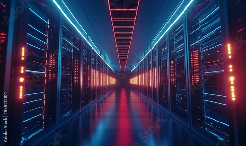 Neon-lit Server Room Corridor with Black Cabinets and Glowing Lights