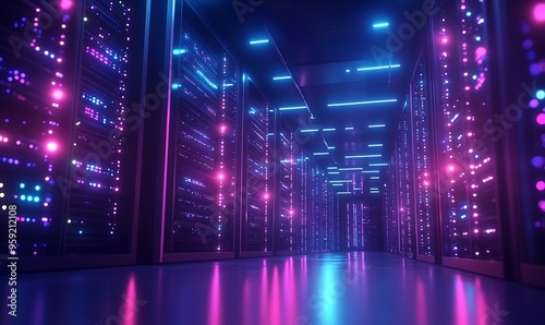 Neon-Lit Server Room Corridor with Glowing Lights
