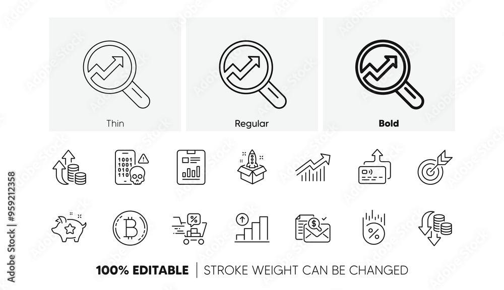 Bitcoin, Report document and Accounting report line icons. Pack of Demand curve, Cyber attack, Graph chart icon. Loan percent, Analytics, Discounts cart pictogram. Loyalty points, Card, Target. Vector Bitcoin, Report document and Accounting report line icons. Pack of Demand curve, Cyber attack, Graph chart icon. Loan percent, Analytics, Discounts cart pictogram. Loyalty points, Card, Target. Vector