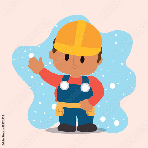 Cartoon construction worker in yellow hard hat, Vector