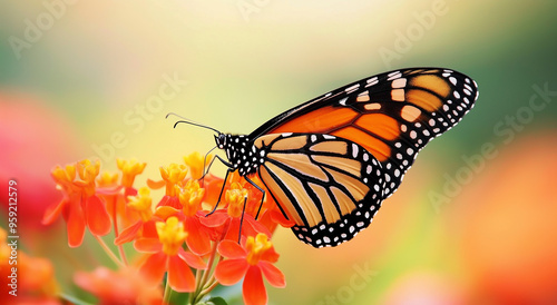 Uma borboleta monarca vívida pousa suavemente em vibrantes flores de laranjeira, exibindo suas impressionantes asas pretas, brancas e laranja, contra um fundo sereno. photo