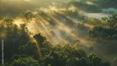 fog drifting through a dense forest during golden hour, with the sunlight filtering through the trees and creating a peaceful and mystical atmosphere, with copy space for text