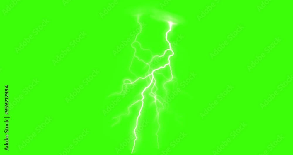 Lightning Thunder over a solid green background. 4k resolution white Strike of Electric Thunderstorm Overlay on chroma key. Editable Graphic for Dramatic Storms and Bad Weather