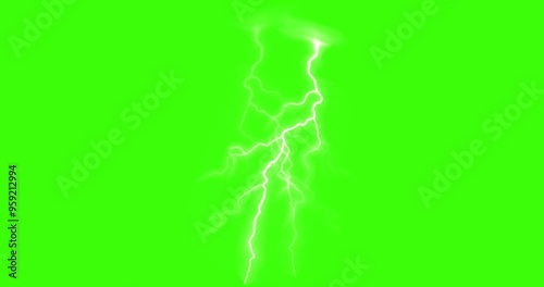 Lightning Thunder over a solid green background. 4k resolution white Strike of Electric Thunderstorm Overlay on chroma key. Editable Graphic for Dramatic Storms and Bad Weather