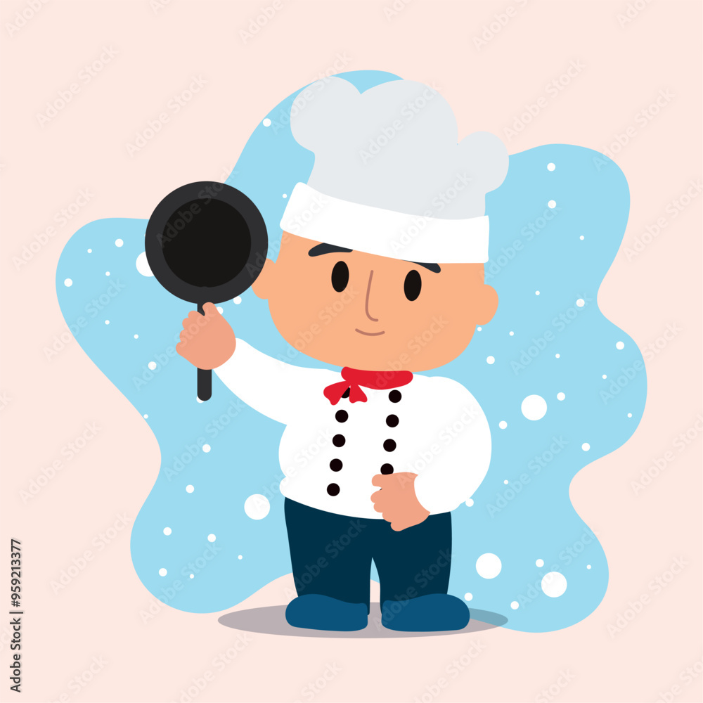 Cartoon chef holding a frying pan and waving, Vector Cartoon chef holding a frying pan and waving, Vector