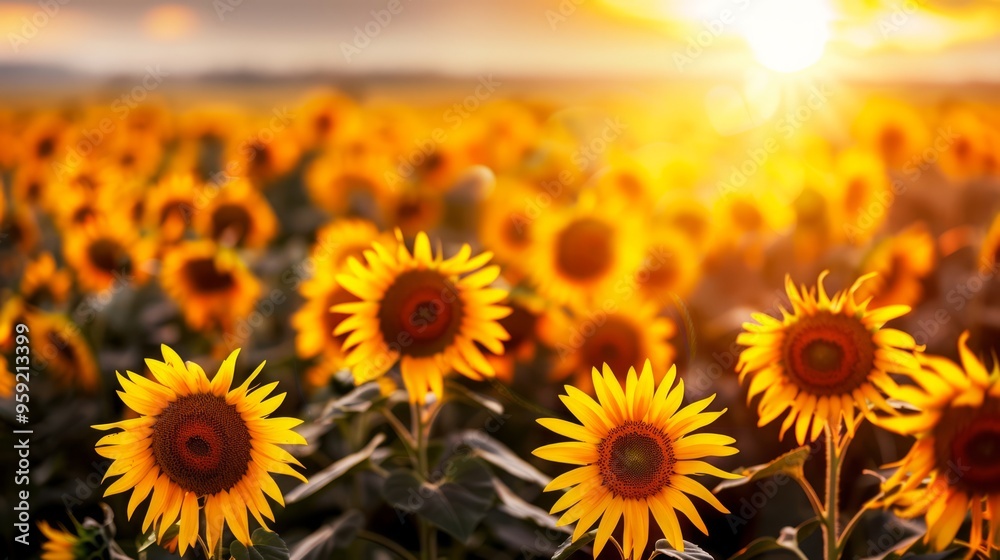 Fototapeta premium sunset casting a golden glow over a field of sunflowers, their faces turned towards the fading light, creating a peaceful and vibrant scene, with ample copy space for text