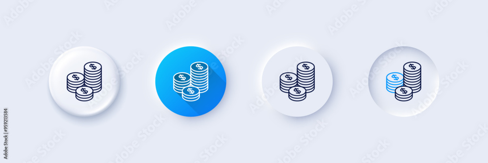 Coins money line icon. Neumorphic, Blue gradient, 3d pin buttons. Banking currency sign. Cash symbol. Line icons. Neumorphic buttons with outline signs. Vector Coins money line icon. Neumorphic, Blue gradient, 3d pin buttons. Banking currency sign. Cash symbol. Line icons. Neumorphic buttons with outline signs. Vector