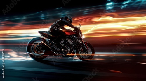 man with helmet and black vest driving a motorcycle on the ROAD WITH SWEEPING EFFECT