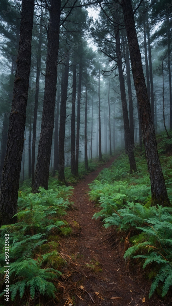 Fototapeta premium a foggy morning in a dense pine forest