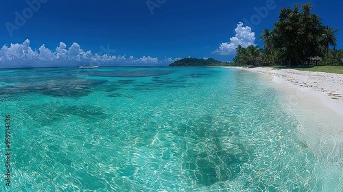  A clear blue beach with an island in the distance and a boat floating in the center of the water