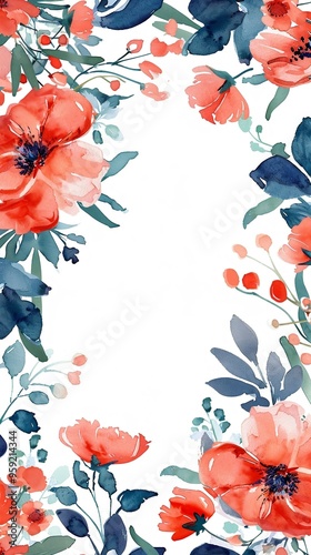 Watercolor floral painted pattern frame with empty space for design. Elegant flowers and leaves. AI generating