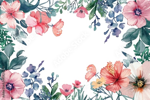 Watercolor floral painted pattern frame with empty space for design. Elegant flowers and leaves. AI generating