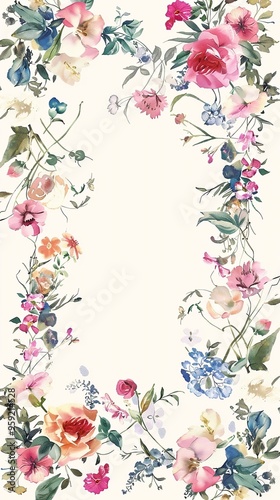 Watercolor floral painted pattern frame with empty space for design. Elegant flowers and leaves. AI generating