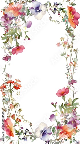 Watercolor floral painted pattern frame with empty space for design. Elegant flowers and leaves. AI generating