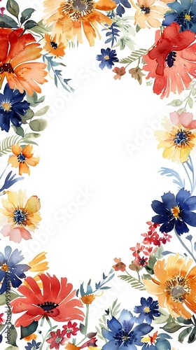 Watercolor floral painted pattern frame with empty space for design. Elegant flowers and leaves. AI generating