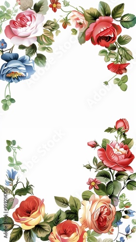 Watercolor floral painted pattern frame with empty space for design. Elegant flowers and leaves. AI generating
