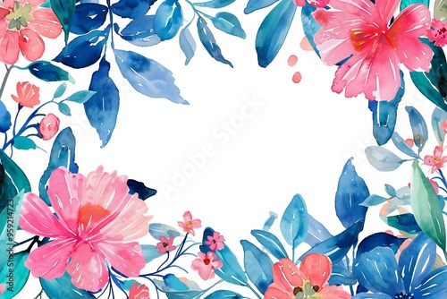 Watercolor floral painted pattern frame with empty space for design. Elegant flowers and leaves. AI generating