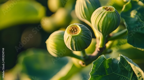Detailed close-up of fresh, ripe green figs with vibrant colors