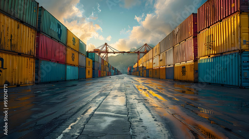 Colorful Shipping Containers at Sunset - Realistic Photo