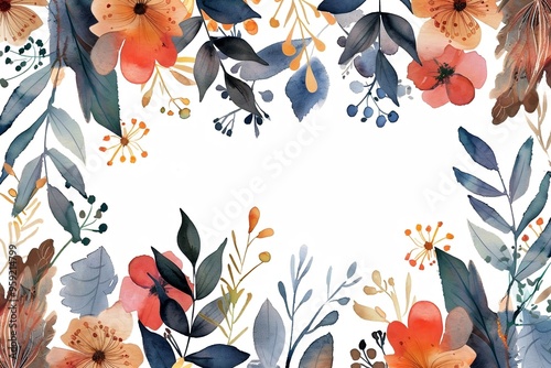 Watercolor floral painted pattern frame with empty space for design. Elegant flowers and leaves. AI generating