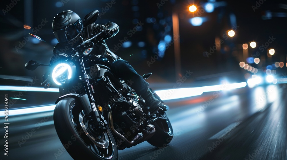 man with helmet and black vest driving a motorcycle on the ROAD WITH SWEEPING EFFECT