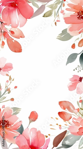 Watercolor floral painted pattern frame with empty space for design. Elegant flowers and leaves. AI generating
