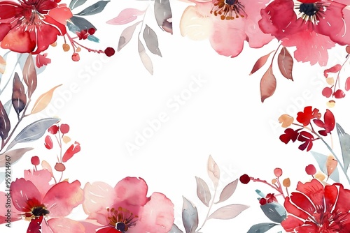 Watercolor floral painted pattern frame with empty space for design. Elegant flowers and leaves. AI generating