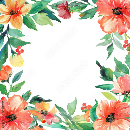 Watercolor floral painted pattern frame with empty space for design. Elegant flowers and leaves. AI generating