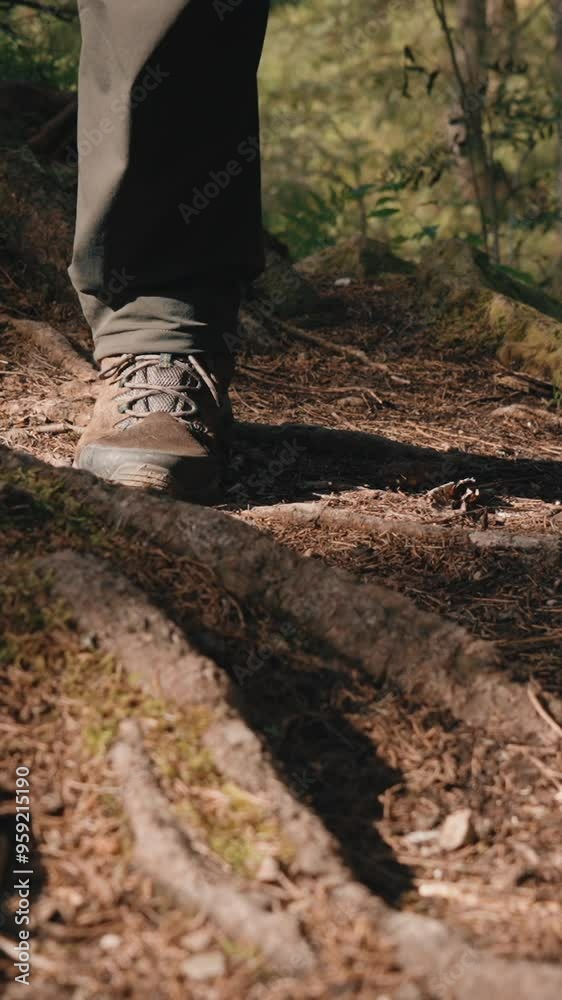 Close up gimbal shot of male hiker walking along path in mountain forest, foot steps among stones covered with green moss. Man in trekking shoes going in woodland. Vertical steady shot Close up gimbal shot of male hiker walking along path in mountain forest, foot steps among stones covered with green moss. Man in trekking shoes going in woodland. Vertical steady shot