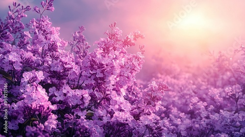  Purple flower field illuminated by sunlight filtering through cloudy sky