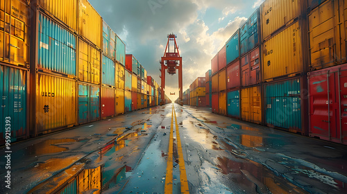 Cargo Containers and Crane with Wet Road in the Port Illustration photo