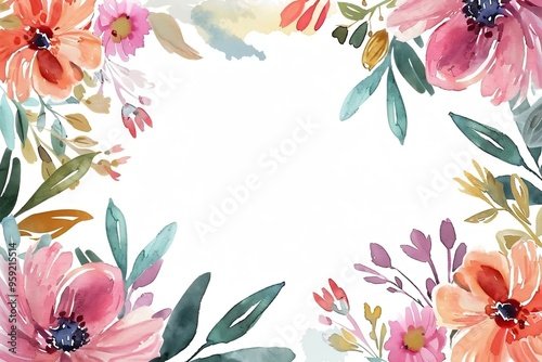Watercolor floral painted pattern frame with empty space for design. Elegant flowers and leaves. AI generating