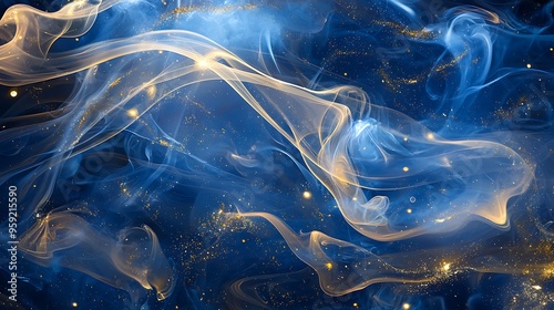Sapphire and golden smoke gently float in a minimalist style.