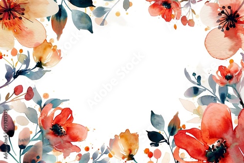 Watercolor floral painted pattern frame with empty space for design. Elegant flowers and leaves. AI generating