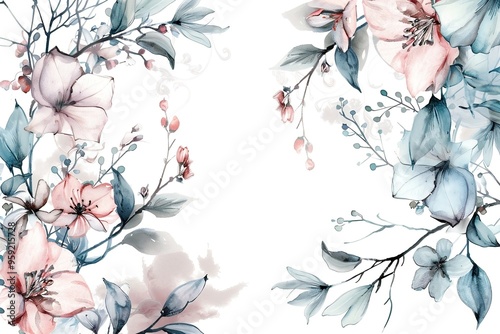 Watercolor floral painted pattern frame with empty space for design. Elegant flowers and leaves. AI generating