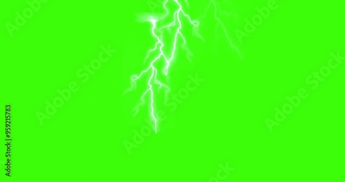 Lightning Thunder over a solid green background. 4k resolution white Strike of Electric Thunderstorm Overlay on chroma key. Editable Graphic for Dramatic Storms and Bad Weather
