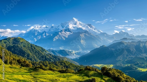 scenic mountain view with a clear blue sky, snow-capped peaks, and lush green valleys below, capturing the essence of summer adventures, with copy space for text