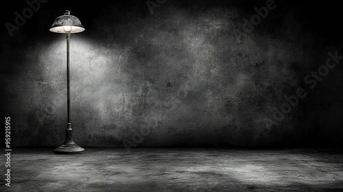  A monochrome picture depicts a lamp on a grey floor against a stone wall in a dimly lit room