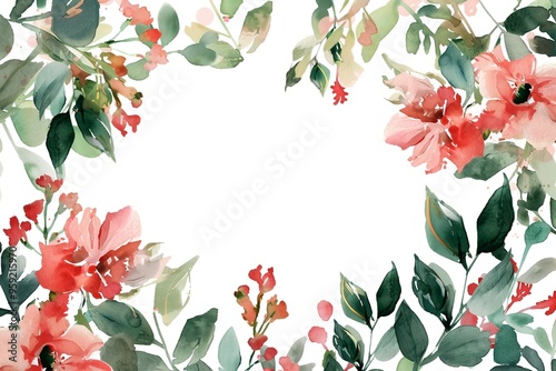 Watercolor floral painted pattern frame with empty space for design. Elegant flowers and leaves. AI generating