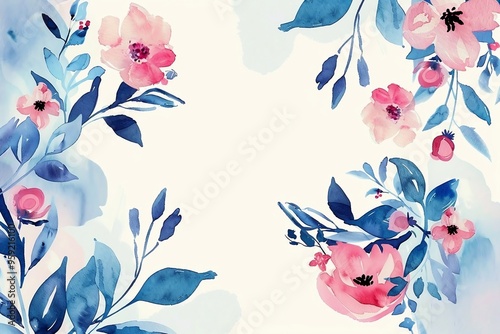 Watercolor floral painted pattern frame with empty space for design. Elegant flowers and leaves. AI generating