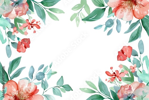 Watercolor floral painted pattern frame with empty space for design. Elegant flowers and leaves. AI generating