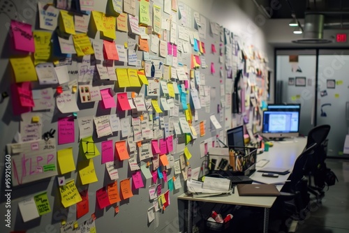 a desk with a lot of post it notes on it brainstorming session amidst post-it notes and whiteboards photo