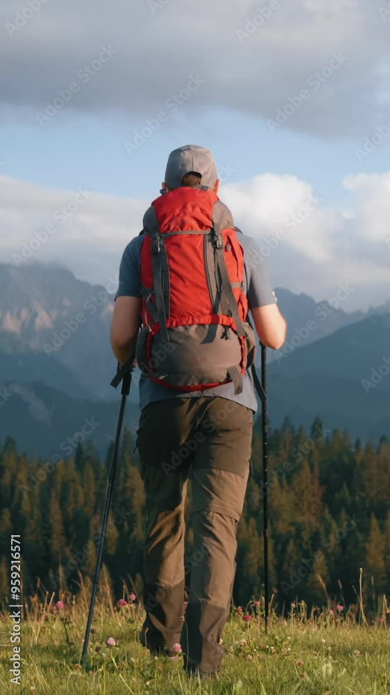 Back view following vertical man walking on green meadow hill overlooking epic mountain peaks and cloudy sky, hiking in mountains, red backpack. Male backpacker travel explorer, sunny summer morning Back view following vertical man walking on green meadow hill overlooking epic mountain peaks and cloudy sky, hiking in mountains, red backpack. Male backpacker travel explorer, sunny summer morning
