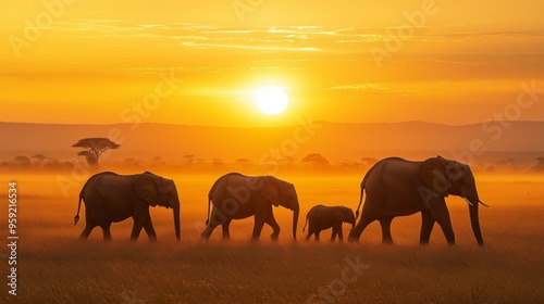 Elephants walking in a field with the sun in the background. The sun is setting, creating a warm and peaceful atmosphere.